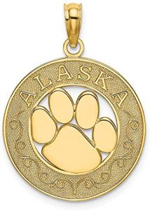 14k Yellow Gold Alaska On Round Frame Bear Paw Pendant Charm